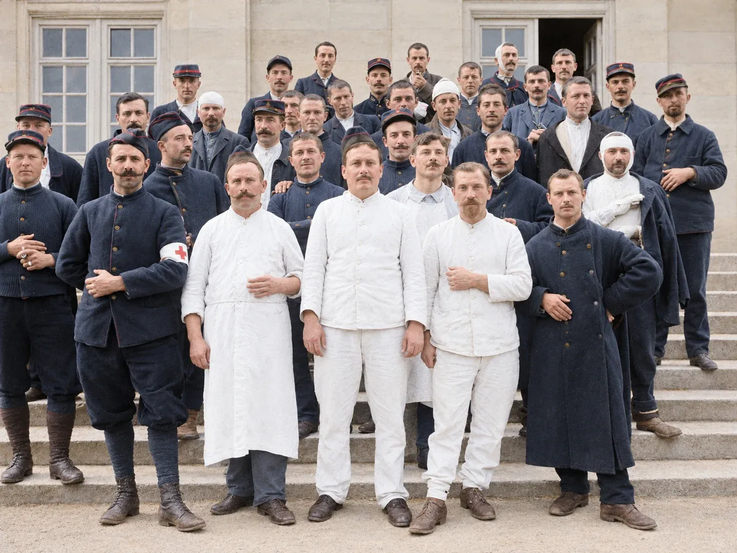 Militaires français et leurs médecins, photo de 1900, après restauration et mise en couleurs